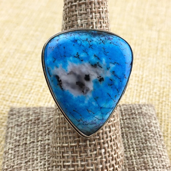 New Blue Dendritic Dendrite Opal Stone Silver Overlay Ring 8 - Picture 3 of 8